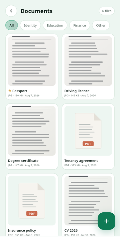 The Documents screen showing a passport, driving licence, degree certificate and a tenancy agreement.