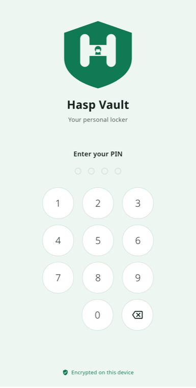 The Hasp Vault lock screen, asking for a four-digit PIN.